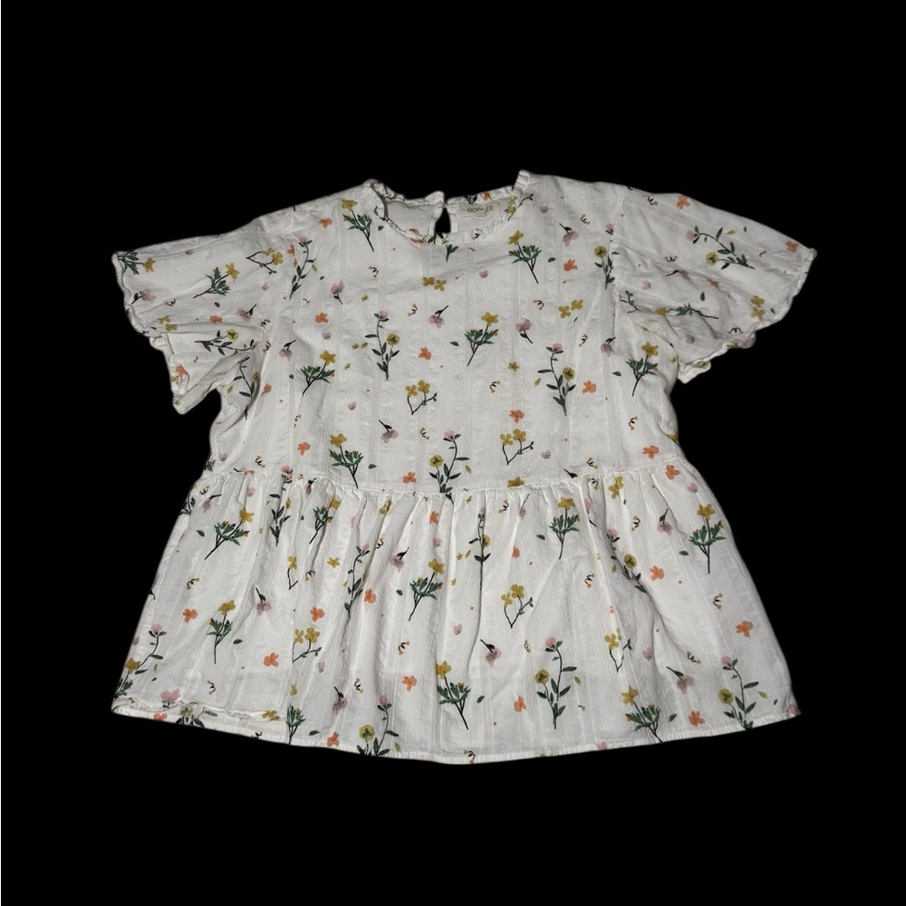 Roolee White Floral Flutter Sleeve Peplum Blouse